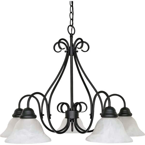 SATCO 5-Light Textured Flat Black Chandelier with Alabaster Swirl Glass