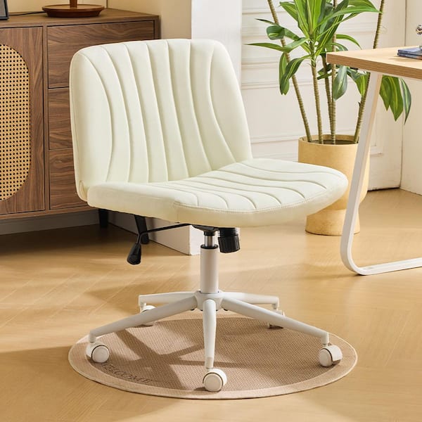 aux Leather Fabric Cross-Legged Seat Task Chair in Beige with Armless
