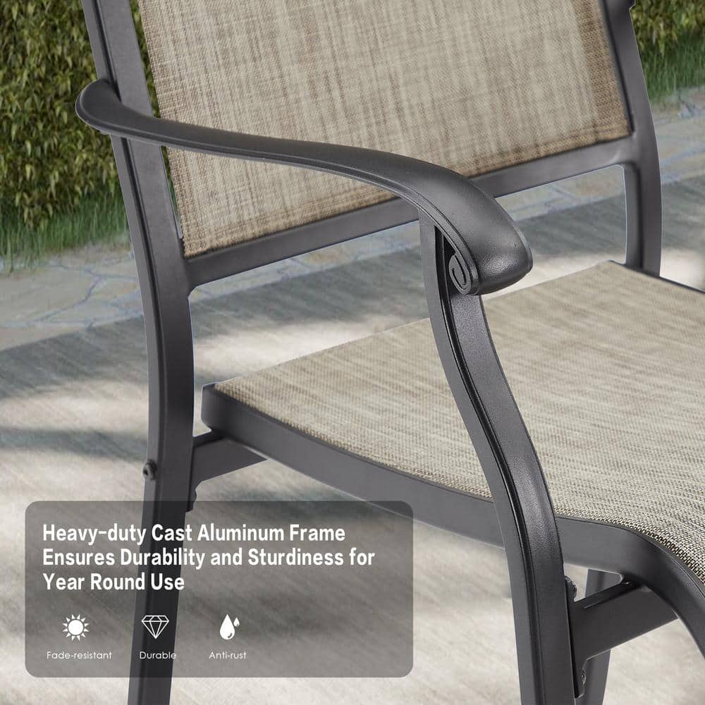 Black and Grey Cast Aluminum Patio Dining Armchairs, Set of 2