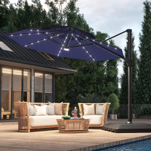 11 ft. Double Top Aluminum LED Cantilever Patio Umbrella with Base for Patio Deck Garden in Navy Blue