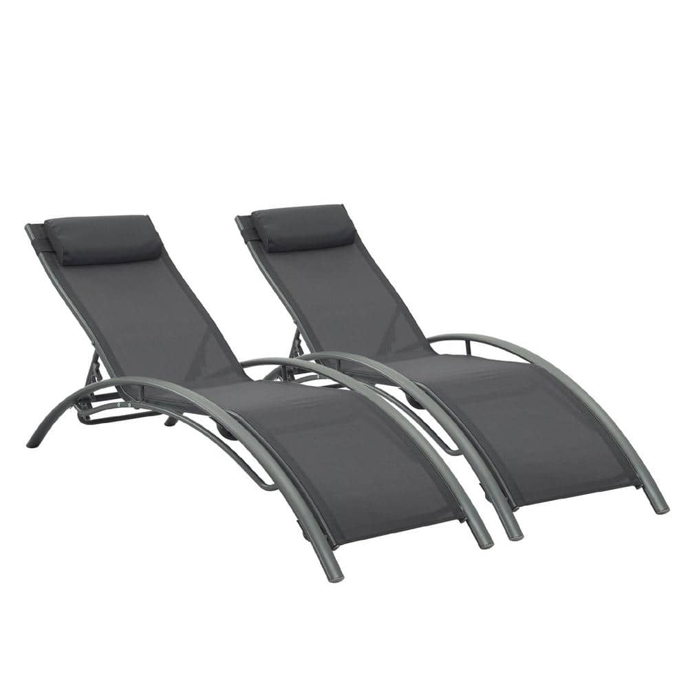 2-Piece Aluminum Outdoor Patio Adjustable Reclining Chaise Lounge with Gray