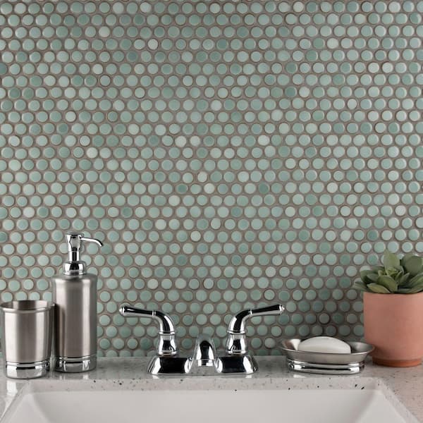 Hudson Penny Round Mint Green 6 in. x 6 in. Porcelain Mosaic Take Home Tile Sample