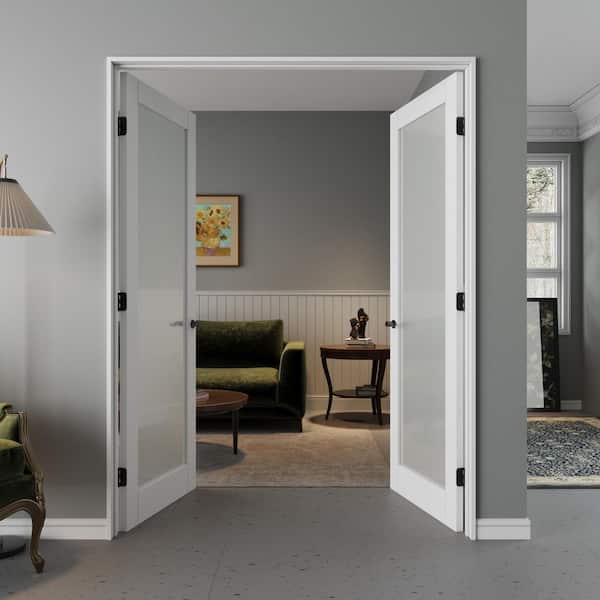 52 in. x 80 in. 1 Lite Frosted Glass Universal White Solid Core Wood Double Prehung French Door plus Quick Assemble Jamb