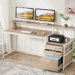 Halseey 63 in. Retangular Modern Walnut Wood 3-Drawer Computer Desk with Monitor Stand