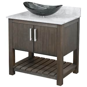 Ocean Breeze 31 in. W x 22 in. D x 31 in. H in Cafe Mocha w/Carrara White Marble Top and Grey Vessel Sink
