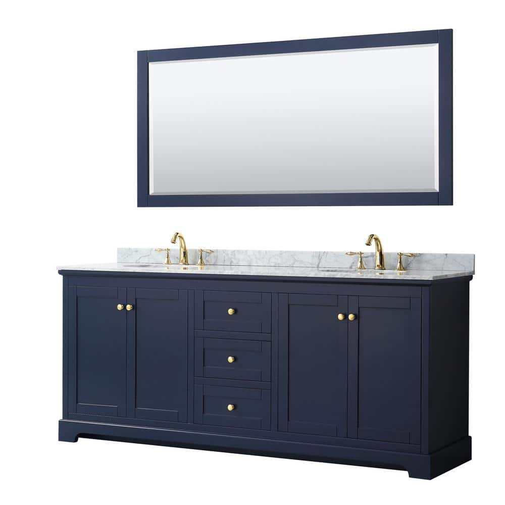 Avery 80 in. W x 22 in. D Bath Vanity in Dark Blue with Marble Vanity Top in White Carrara with White Basins and Mirror price history on PriceWatchPro