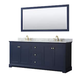 Avery 80 in. W x 22 in. D Bath Vanity in Dark Blue with Marble Vanity Top in White Carrara with White Basins and Mirror