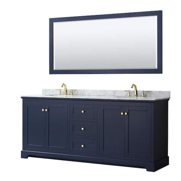 Wyndham Collection Avery 80 in. W x 22 in. D Bath Vanity in Dark Blue with Marble Vanity Top in White Carrara with White Basins and Mirror