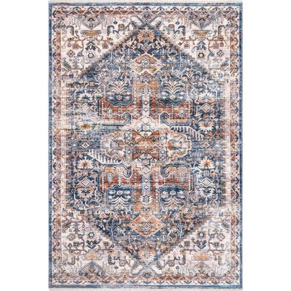 nuLOOM Blue 8 ft. x 10 ft. Hannah Distressed Traditional Medallion Fringe Area Rug