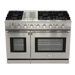 48 in. 6.8 cu. ft. Front Control Freestanding Double Ovens Gas Range in Stainless Steel with Convection Fan and Griddle