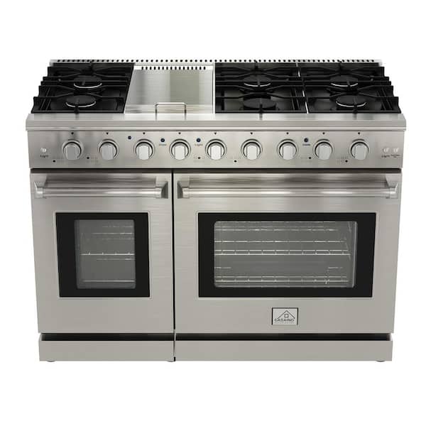 CASAINC 48 in. 6.8 cu. ft. Front Control Freestanding Double Ovens Gas Range in Stainless Steel with Convection Fan and Griddle