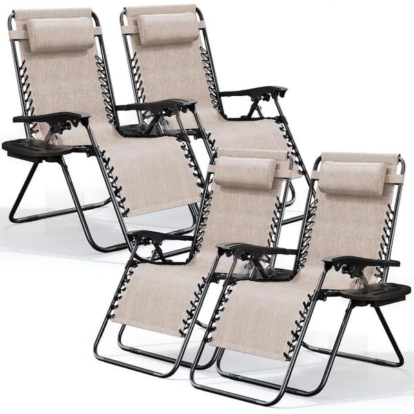 4-Piece Beige Zero Gravity Chairs, Metal Outdoor Lawn Chair with Pillow and Cup Holder Tray