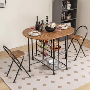 3 PCS Folding Dining Table and Chair Set Collapsible Drop Leaf Table for Kitchen Brown