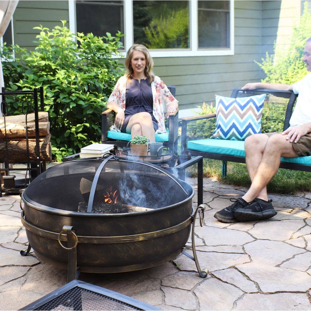 34-Inch Dark Bronze Steel Cauldron Style Fire Pit with Spark Screen
