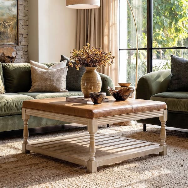 Homsee Natural Wood Brown Leather Square 31.5 in. Ottoman with