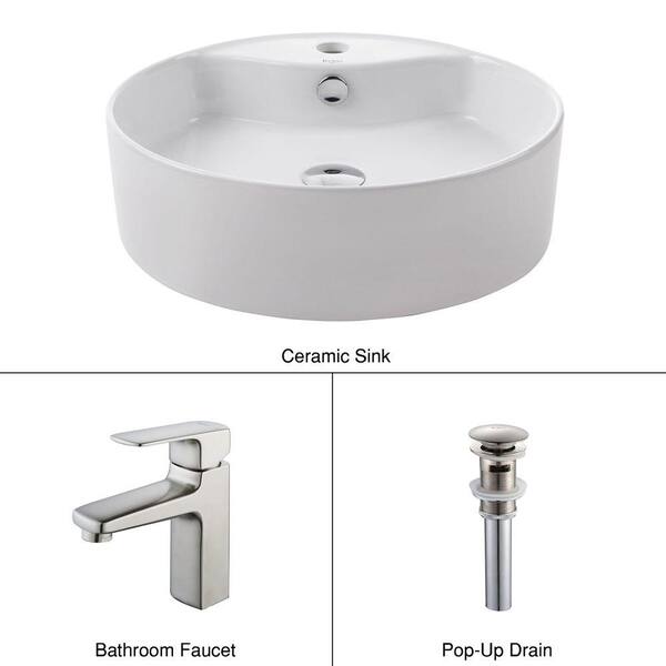 KRAUS Round Ceramic Vessel Sink in White with Virtus Basin Faucet in Brushed Nickel