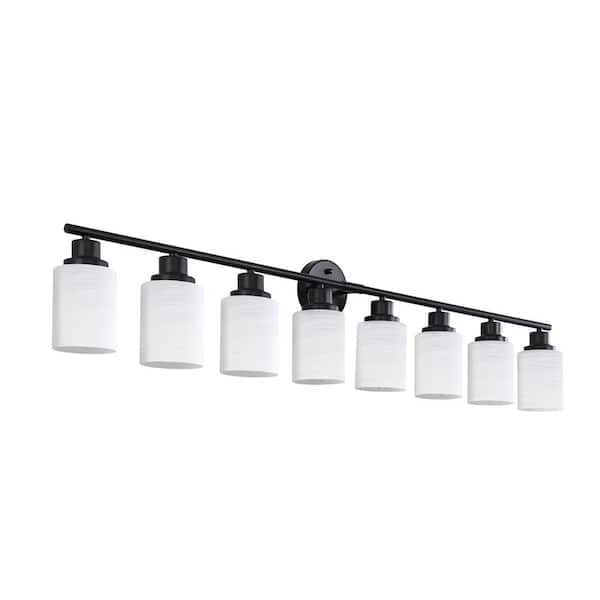 52 in. Modern 8-Light Bathroom Vanity Light, Frosted White Glass with Black Iron Frame (Bulb Not Included)