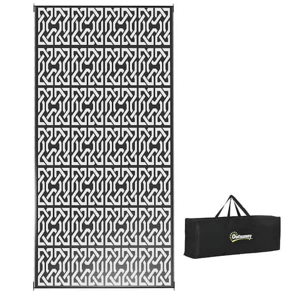 Unbranded Reversible Outdoor Rug 9x18 ft. Waterproof Plastic Straw Floor Mat Portable Camping Carpet w/Carry Bag in Black & White
