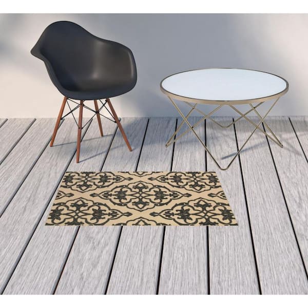 Beige, Black 2 ft. x 3 ft. Loomed Oriental Polypropylene Rectangle Indoor/Outdoor Area Rug