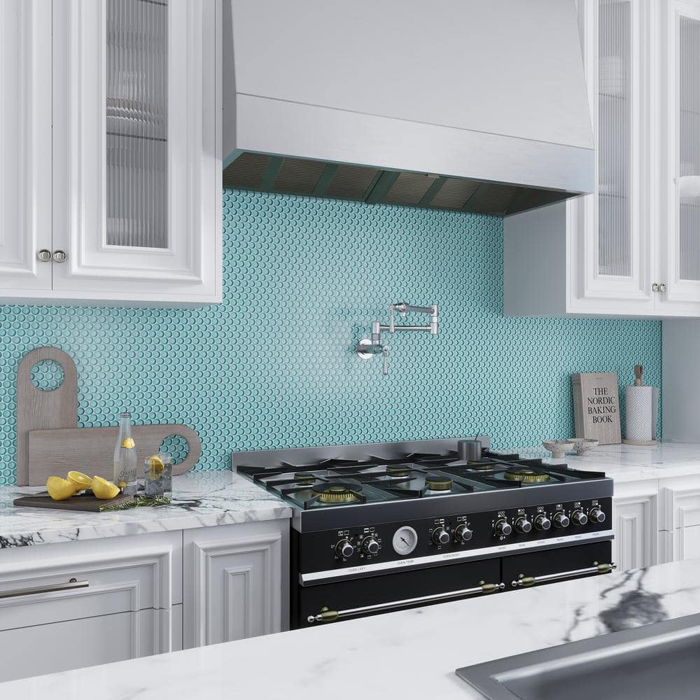 Sky Blue Penny Round Polished Glass Mosaic Tile 12'' x 12''