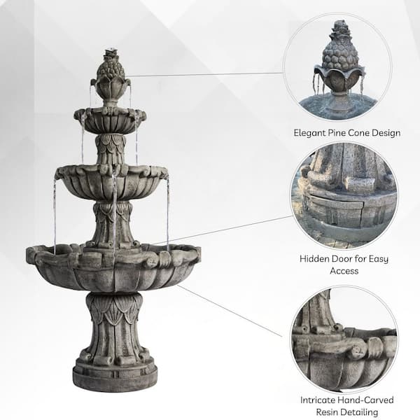 58.3 in. 3-Tier Outdoor Freestanding Water Fountain - Classic Leaf Design, Gray Resin, Large Bird Bath with Pump