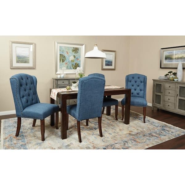 Jessica Navy Fabric Tufted Wing Chair with Bronze Nail-Heads and Coffee Legs