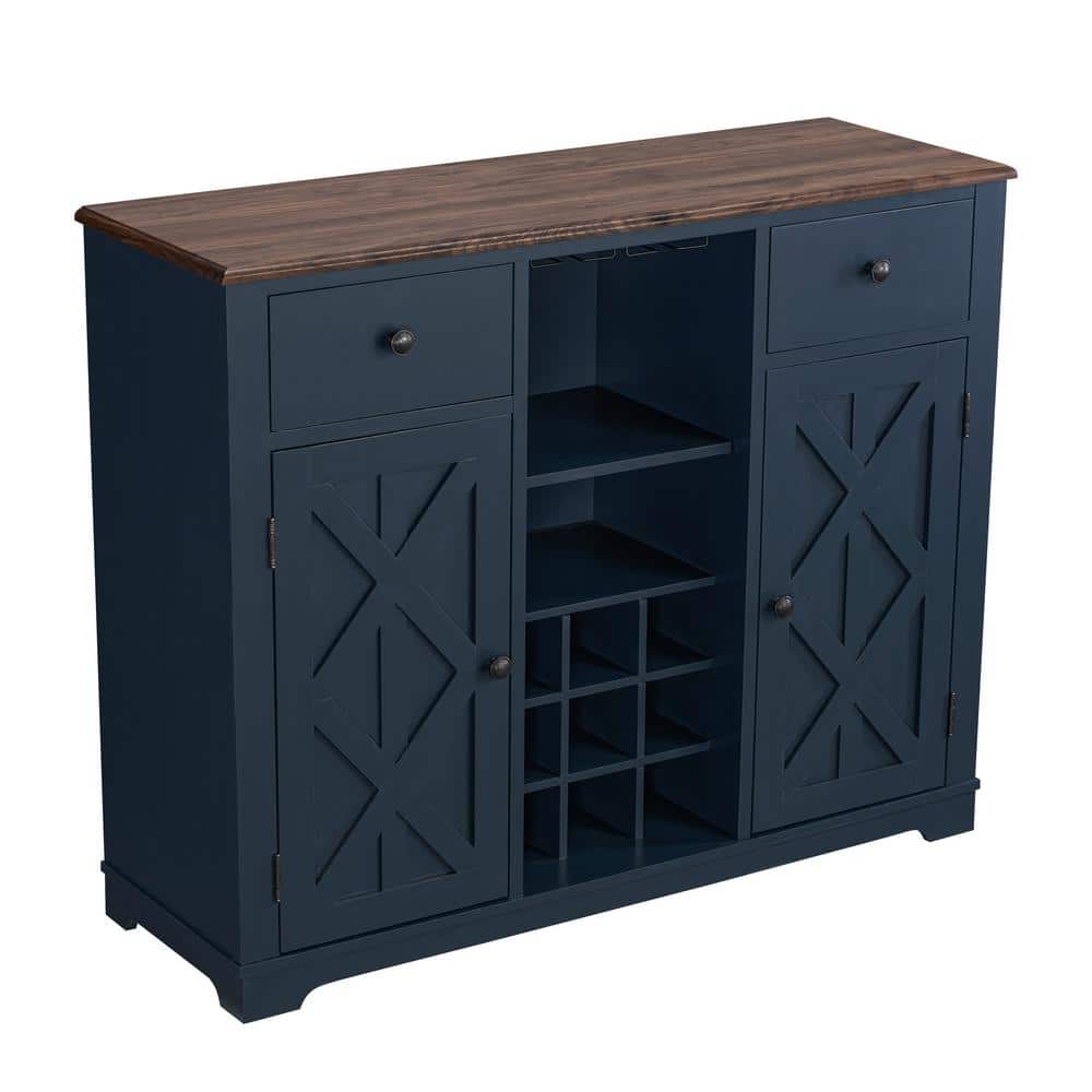 Navy Blue 47" Wood Bar Cabinet with Wine Rack and Nickel Knobs
