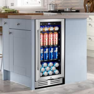 15 in. Single Zone 130 Can Built-in and Freestanding Beverage Cooler Fridge with Adjustable Shelves - Stainless Steel