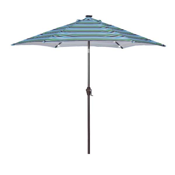 Unbranded 8.7 ft. Metal Market Patio Umbrella in Blue striped with Push Button Tilt, Crank, 24 LED Lights