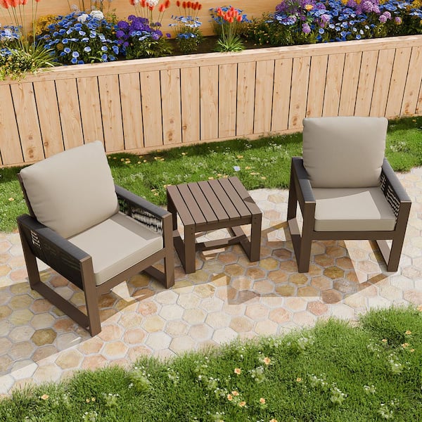 COOS BAY 3-Piece Wood Outdoor Patio Conversation Set with Lounge Chairs, Outdoor Sofa Seating Set with Beige Cushions