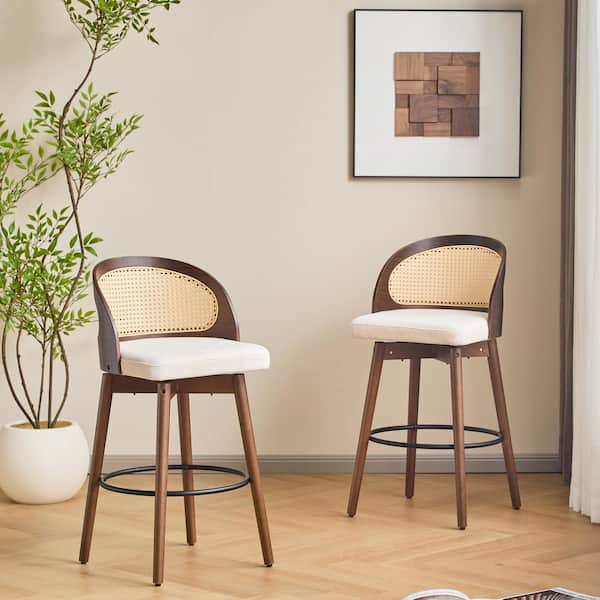 35.75 in. H Walnut Finish Solid Wood Frame Counter Bar Stools with Beige Fabric Seat and Rattan Back (Set of 2)