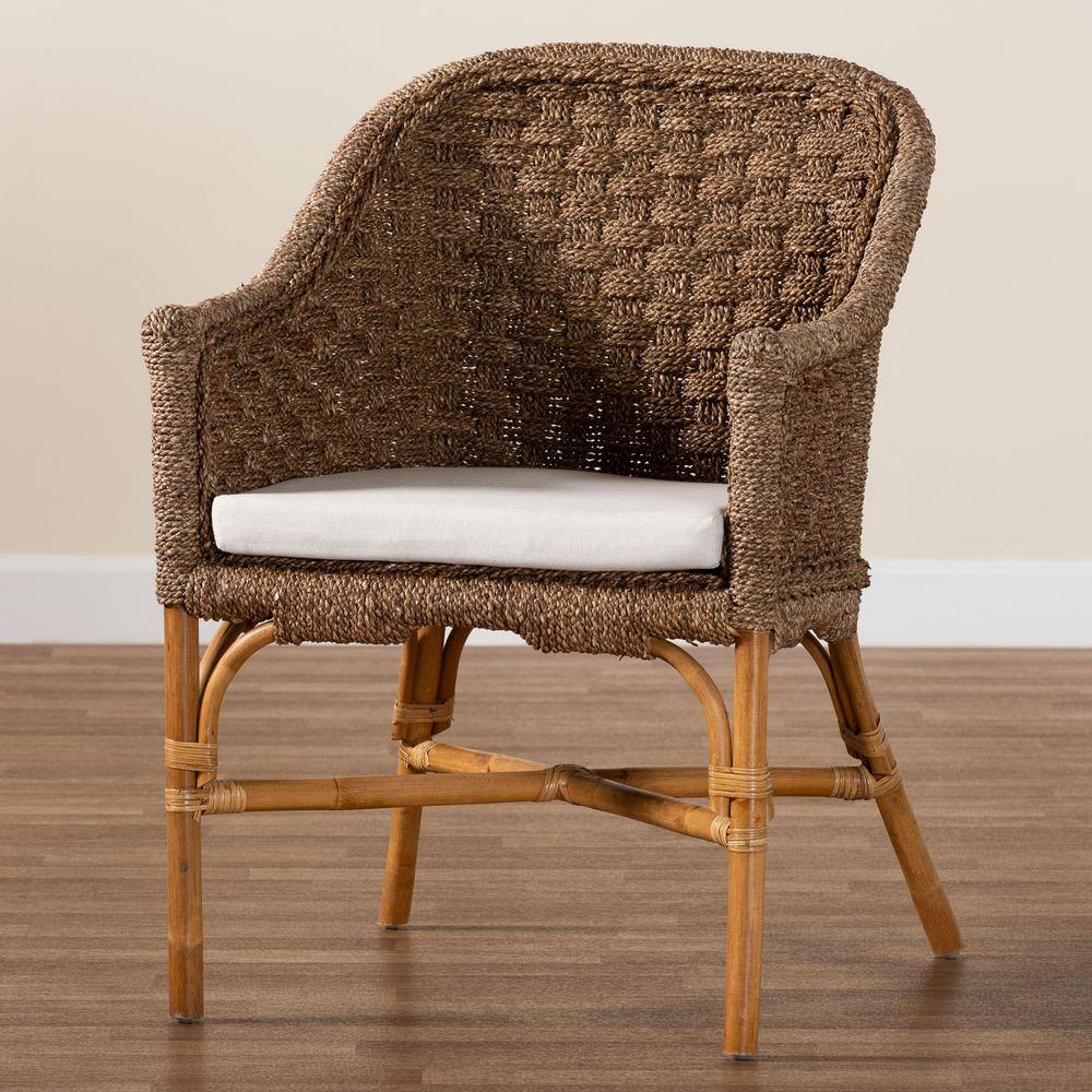 Handcrafted Brown Rattan and Seagrass Accent Chair with Cushion