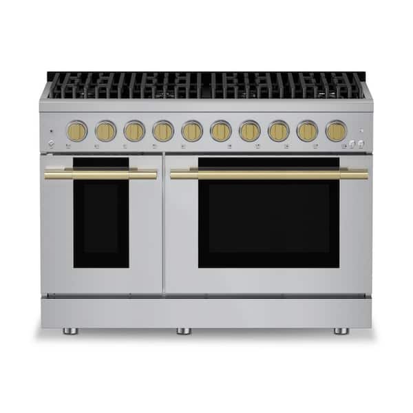 HausPro 48 in. 8-Burners Gas Range in Stainless Steel with 20,000 BTU and Double Oven with 5-Rack Positions Satin Brass
