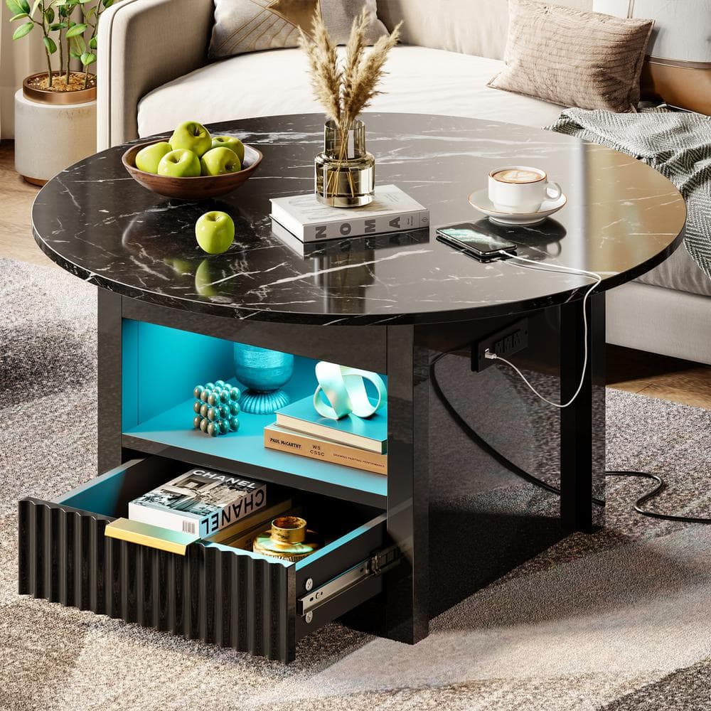 【値下げ】HAZUKI COFFEE TABLE Bestier 31.5 in. Glossy Black Marble Color Round Wood Coffee