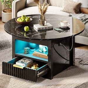 31.5 in. Glossy Black Marble Color Round Wood Coffee Table with Lift Up Desktop and Storage