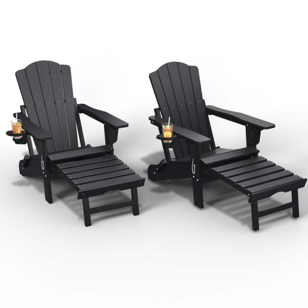 Black HDPE Outdoor Folding Adirondack Chairs with Retractable Ottoman and Cup Holder (Set of 2) price history on PriceWatchPro
