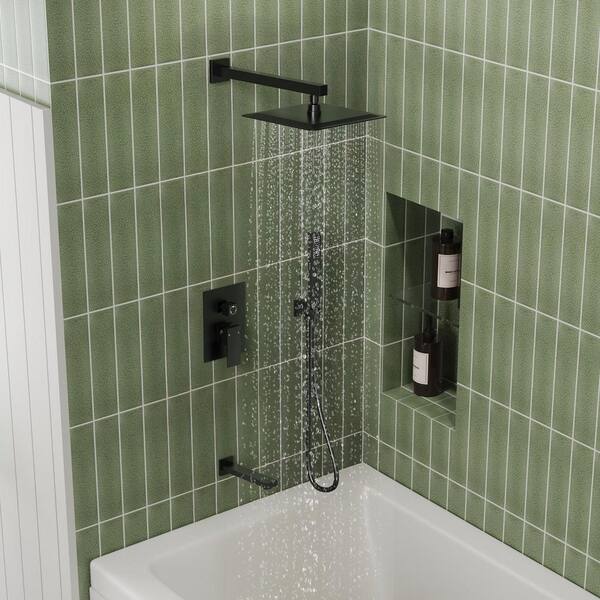 Farne 1-Handle 3-Spray Wall Mount Tub and Shower Faucet with 10 in. Shower in Matte Black, 2.5 GPM, Valve Included