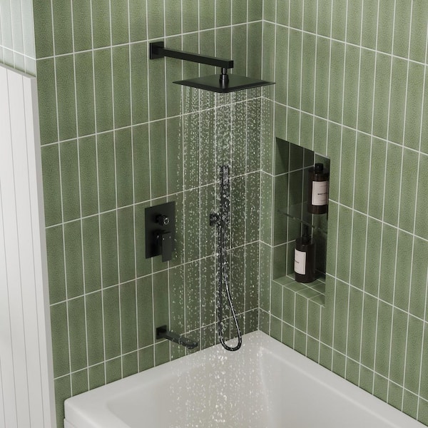 Farne 1-Handle 3-Spray Wall Mount Tub and Shower Faucet with 10 in. Shower in Matte Black, 2.5 GPM, Valve Included
