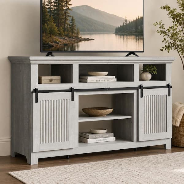 Farmhouse 60.6 in. Wash White Gray TV Stand Entertainment Center Fits TV's up to 65 in. with Sliding Barn Door Cabinet