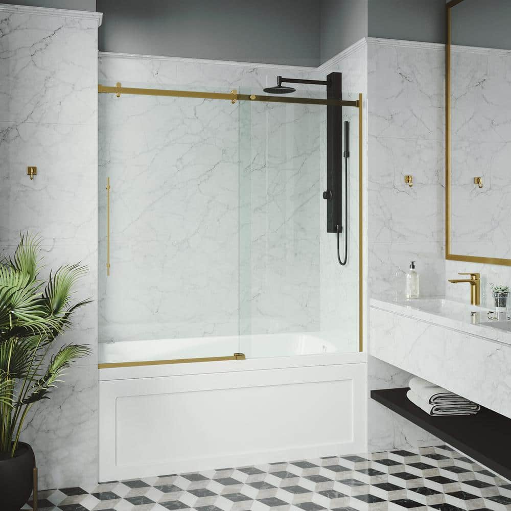 Luca 60" Matte Brushed Gold Frameless Sliding Tub Door