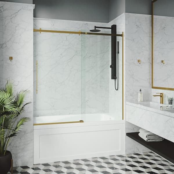 Luca 56 to 60 in. W x 58 in. H Sliding Frameless Tub Door in Matte Brushed Gold with 3/8 in. (10mm) Clear Glass