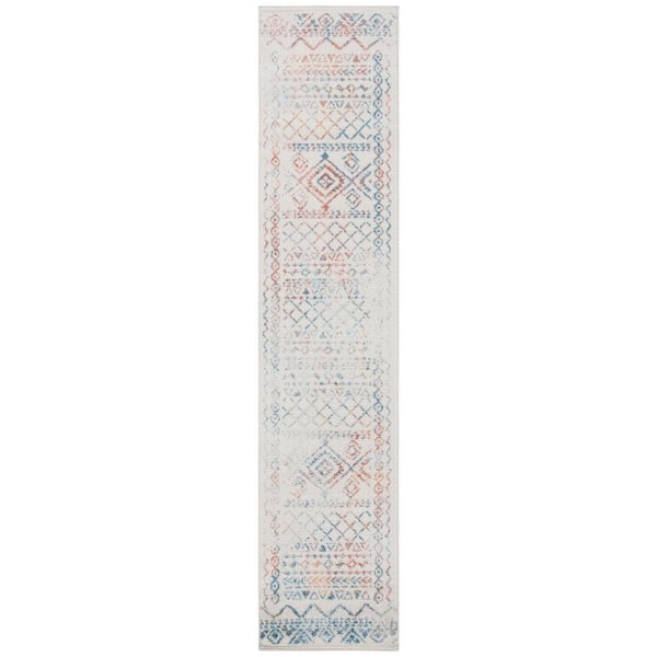 SAFAVIEH Tulum Ivory/Turquoise 2 ft. x 9 ft. Border Tribal Distressed Runner Rug