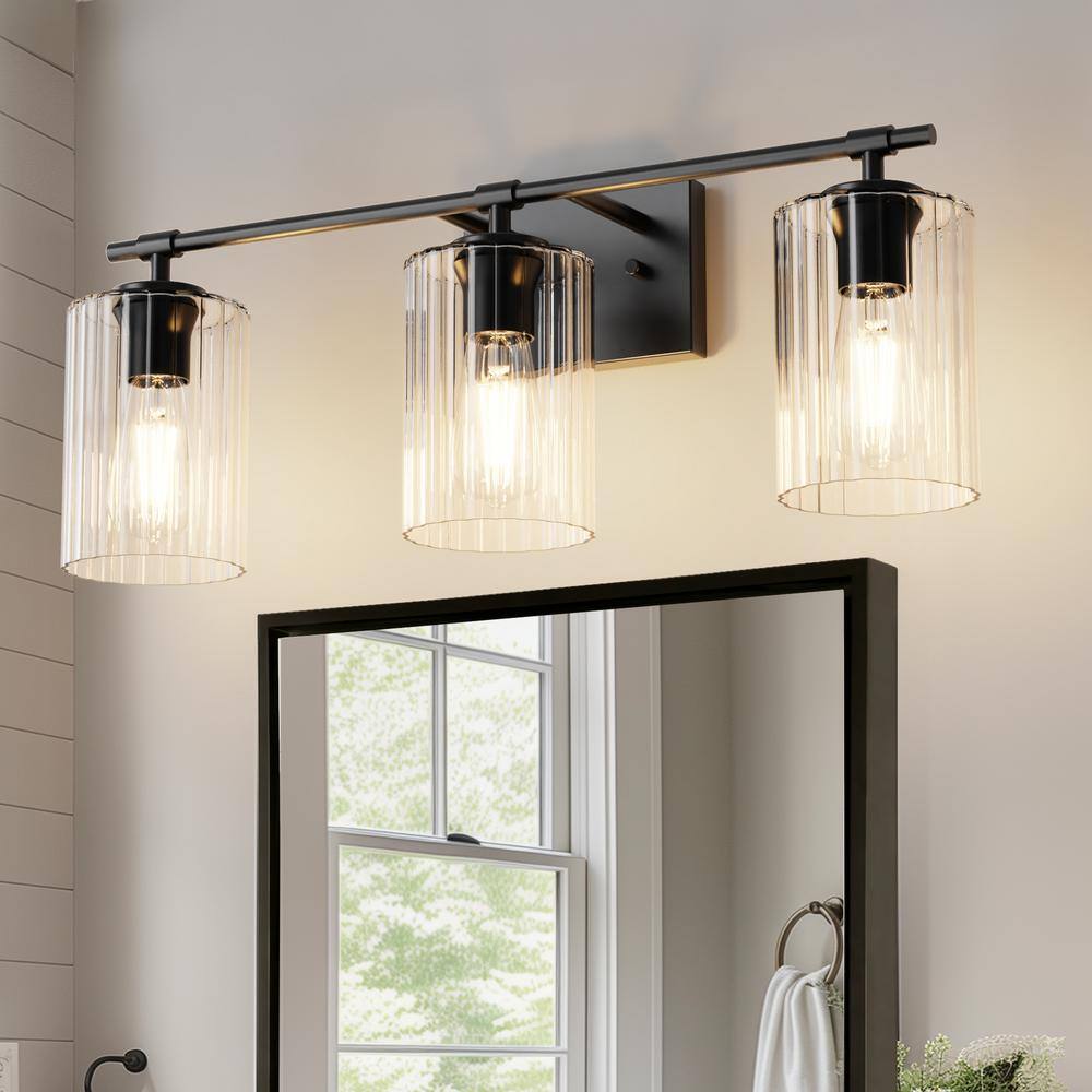 24 in. 3-Light Black Vanity Light with Clear Cylinder Glass Shades for Bathroom, Mirror, Dressing Room price history on PriceWatchPro