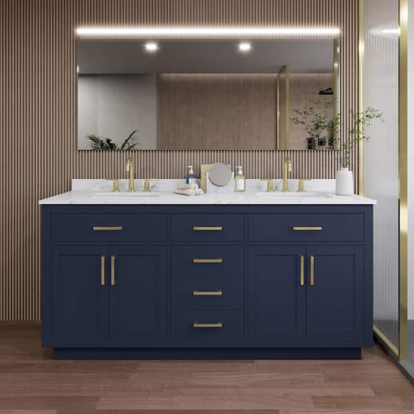 Wyndham Collection Beckett TK 72 in. W x 22 in. D x 35 in. H Double Bath Vanity in Dark Blue with Giotto Quartz Top
