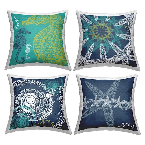 Nautical Ocean Creatures Arrangement Blue Square Outdoor Throw Pillow 4-Pack
