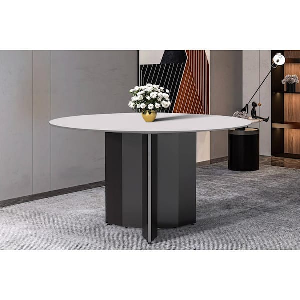 Leisuremod Zevro Mid-Century Modern Solid White Sintered Stone Top 60 in. Pedestal Dining Table Seats 6