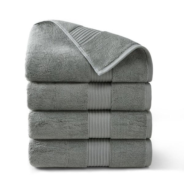Solid Dobby Border 30 in. x 58 in. Gray Cotton Bath Towel Set 4-Pack