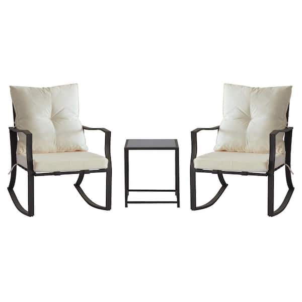 Zeus & Ruta Black 3-Piece Metal Outdoor Bistro Set Patio Steel Conversation with Glass Coffee Table and Beige Cushion for Garden