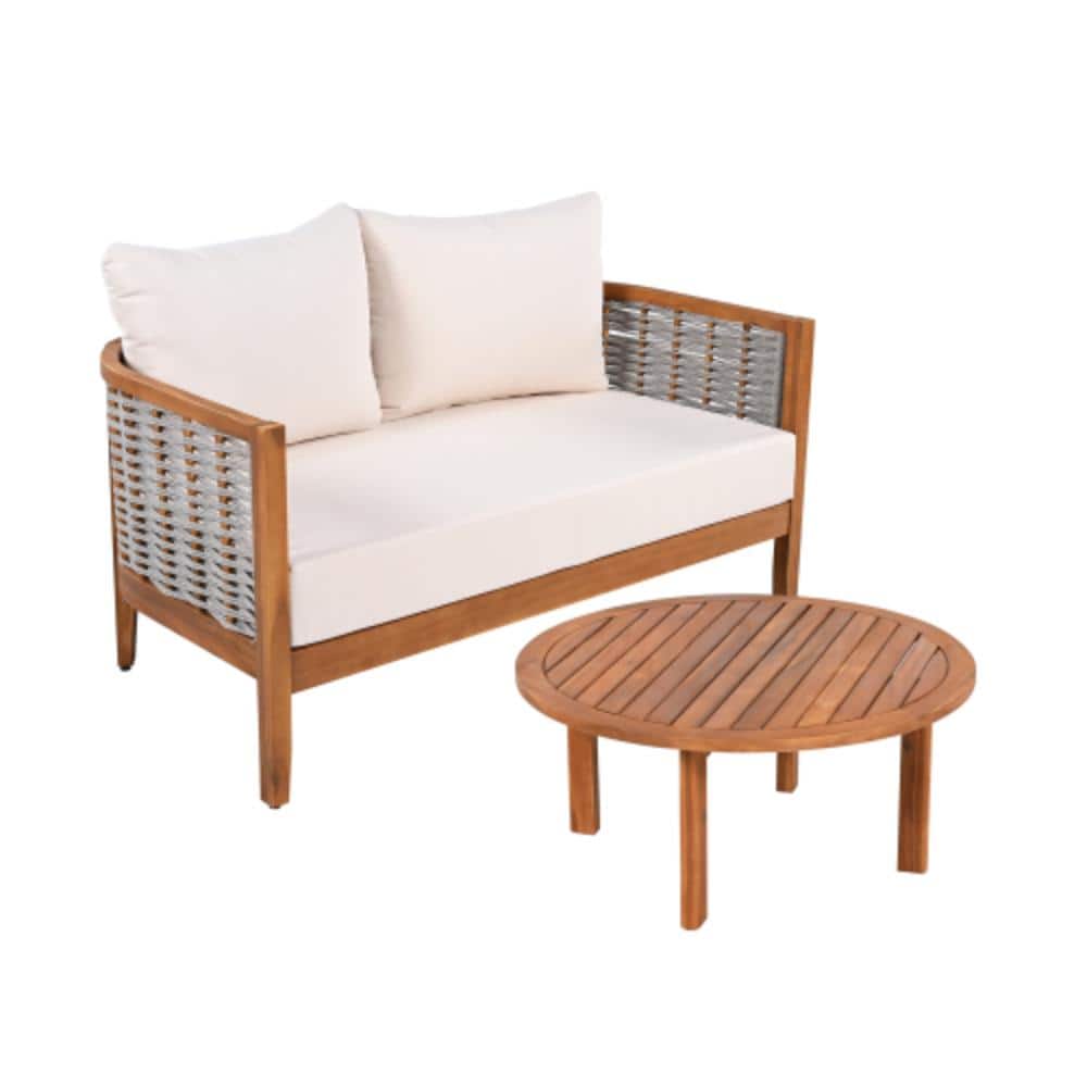 2-Piece Acacia Wood Patio Conversation Set with Beige Cushions, Water Resistant price history on PriceWatchPro