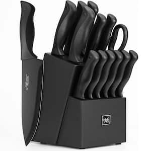 15Pcs Non-Stick Stainless Steel Japanese Knife Set with Wooden Block in Black